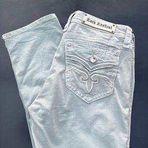 Light gray/green/khaki Rock Revival 31 waist low rise cropped jeans 25” inseam